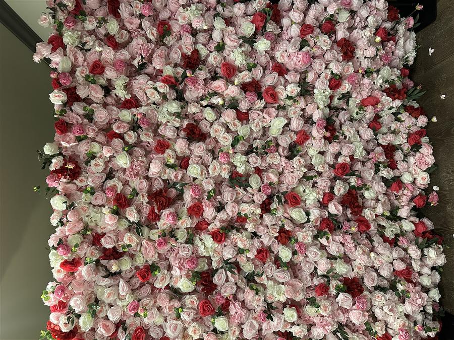 Full wallflower backdrop installed on site, blush, ivory, and red roses